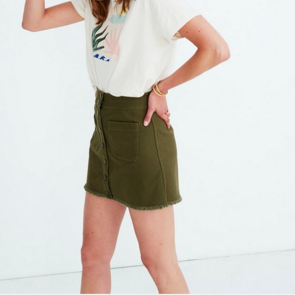 MADEWELL KALE GREEN RAW HEM POCKET STRETCH A-LINE MINI SKIRT - Picture 3 of 5